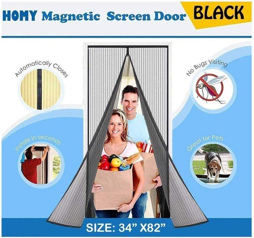 HOMY Magnetic Screen Door Bug-Proof Mesh Curtain Full Frame Adhesive Strip Close Quick and Silent Keeps Bugs Out Lets Fresh Air in, Hands Free Fits Door Openings Up to 34"x82"