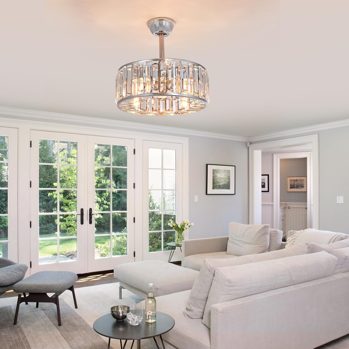 18.2" Silver Crystal Caged Ceiling Fan with Light 4-Lights Modern Flush Mount Fandelier Lights Remote Chrome Crystal Chandelier Ceiling Fan for Bedroom Living Room Dining Room Entry Loft Hallway