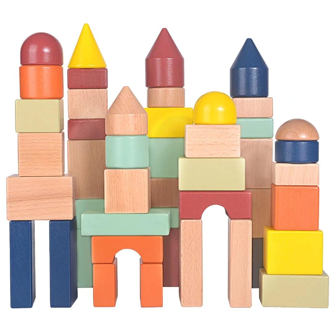 Migargle Large Wooden Building Blocks for Toddlers - Educational Preschool Learning Toys with Storage Bag, Innovative Shapes & Variety Colors to Build More Combinations （48Pcs）