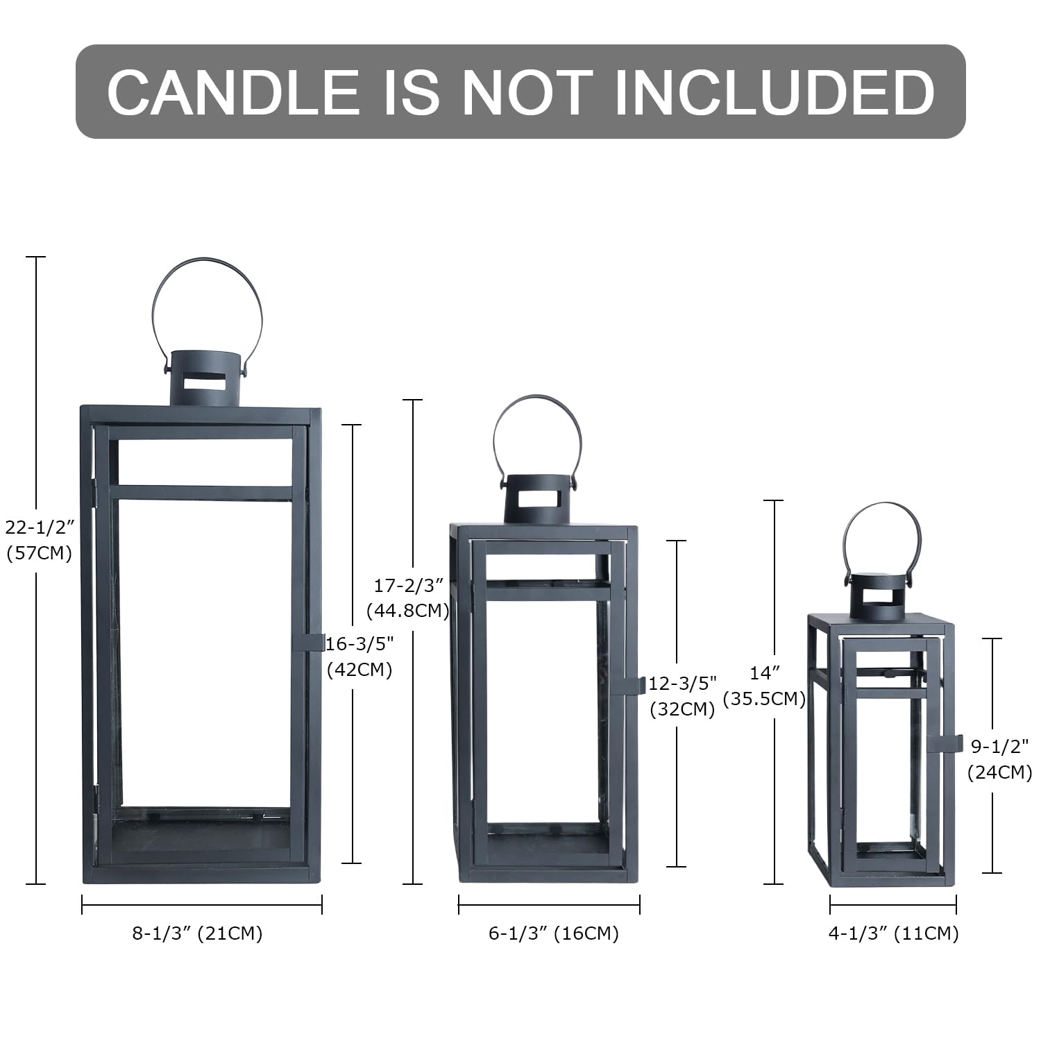 NEEDOMO Lanterne decorative in acciaio inox per esterni e interni, set di 3 lanterne da esterno per portico, 63,5 cm/49,5 cm/38,1 cm, in acciaio inossidabile con vetro, impermeabile, per casale