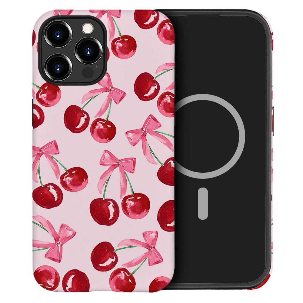 DAIZAG Case Compatible with iPhone 14 Pro Max, [Compatible with MagSafe],Shockproof Protective Phone Case for Girl Women - Pink Ribbon Bow Cherry