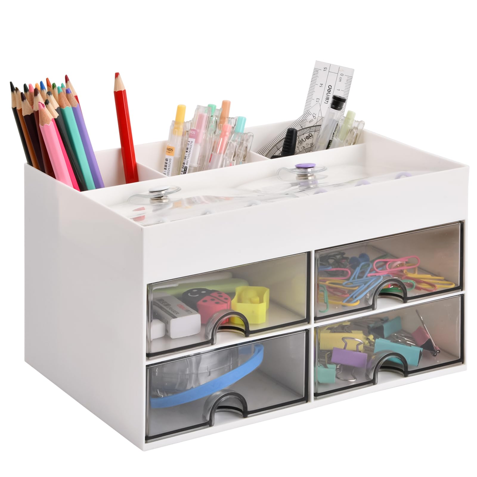 Pinsheng Organizador Escritorio, Organizador de Oficina con 4 Compartimentos y 4 Cajones Pequeños Multifuncional Portalapices Escritorio, Organizador de Mesa de Plásticoa para Hogar, Escuela (Blanca)