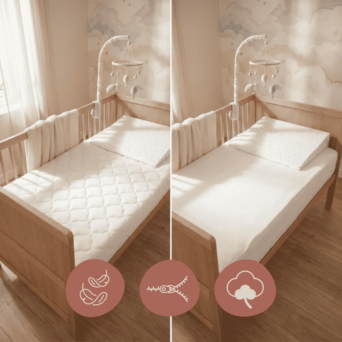P'TIT LIT Pack Sommeil Bébé 3-en-1 - Matelas 60x120x10 cm Réversible - Plan Incliné Déhoussable Étoiles Dorées - Protège-Matelas en Molleton Doux - Déhoussable - Certifié Oeko-Tex & Certipur
