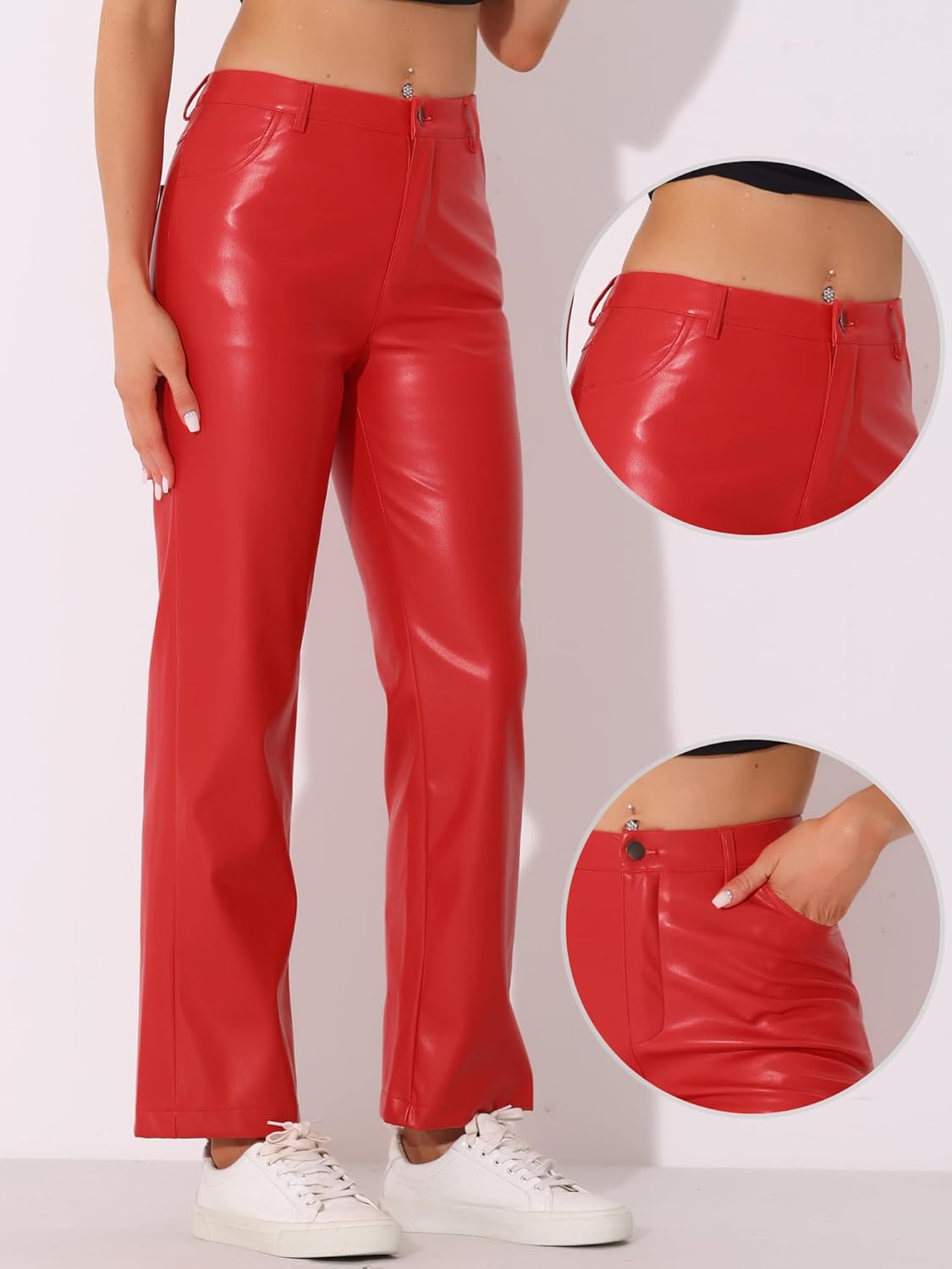 Allegra K Faux Leather Pants for Women's High Waist Straight Leg Punk PU Trousers - Image 2