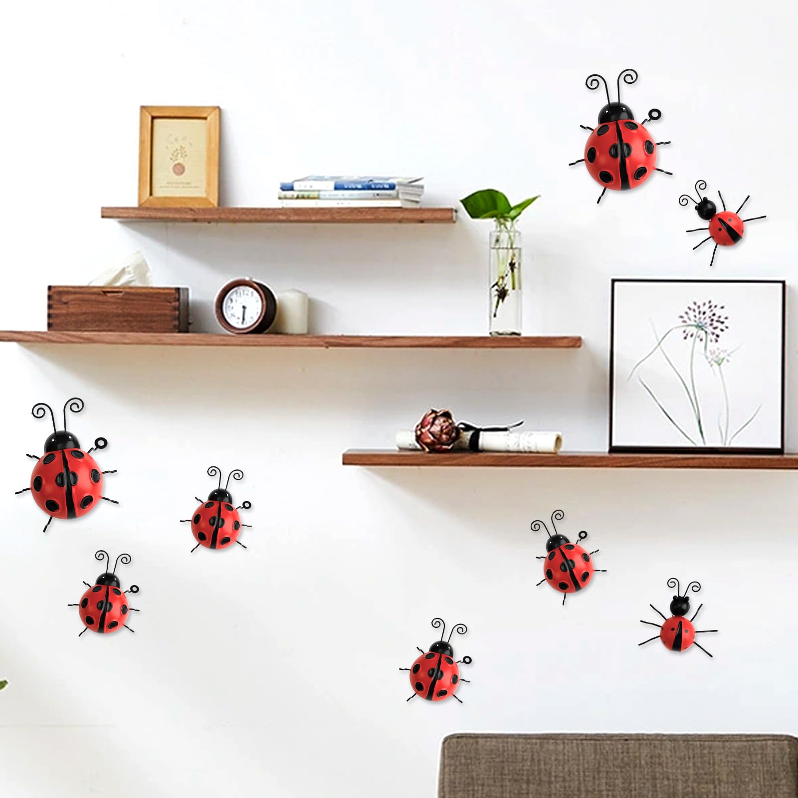 RETON 8 piezas de decoración de jardín de mariquita de metal, adornos de jardín al aire libre, lindas mariquitas arte de pared escultura 3D decoración de patio, escultura de insectos de hierro para