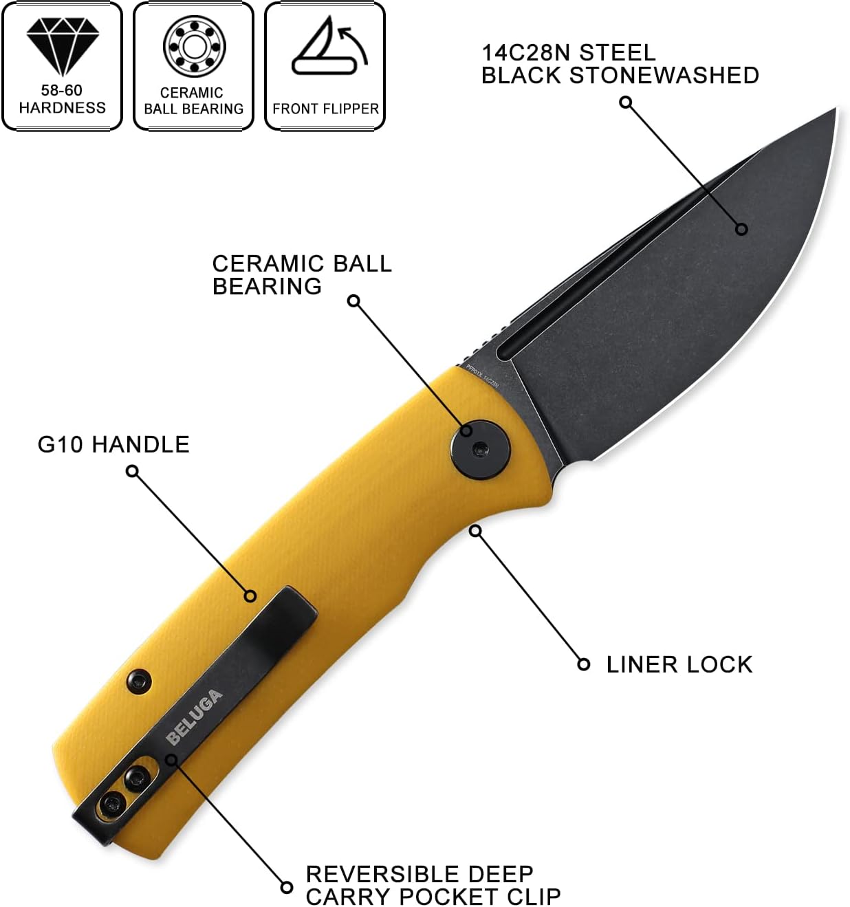 Petrified fish PFP01X Beluga,2.99" 14C28N Sand blasting Blade,95.6g G10 Hande Front Flipper Liner lock Folding knife (Yellow G10, Black Stonewashed)