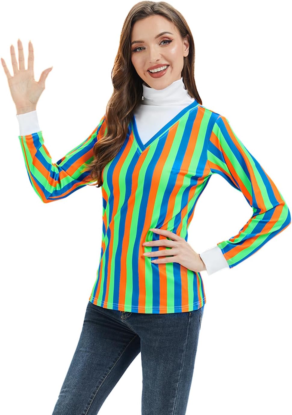Adult Womens Long-Sleeved Striped T-Shirt Cartoon Character Costume for Halloween Cosplay Party