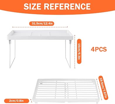 Eidoct 4-Pack Stackable Kitchen Storage Shelves - White Foldable Organizer Rack for Cabinet, Pantry & Counter | Expandable Shelf Organizer for Spices & Food (Multi-Purpose)