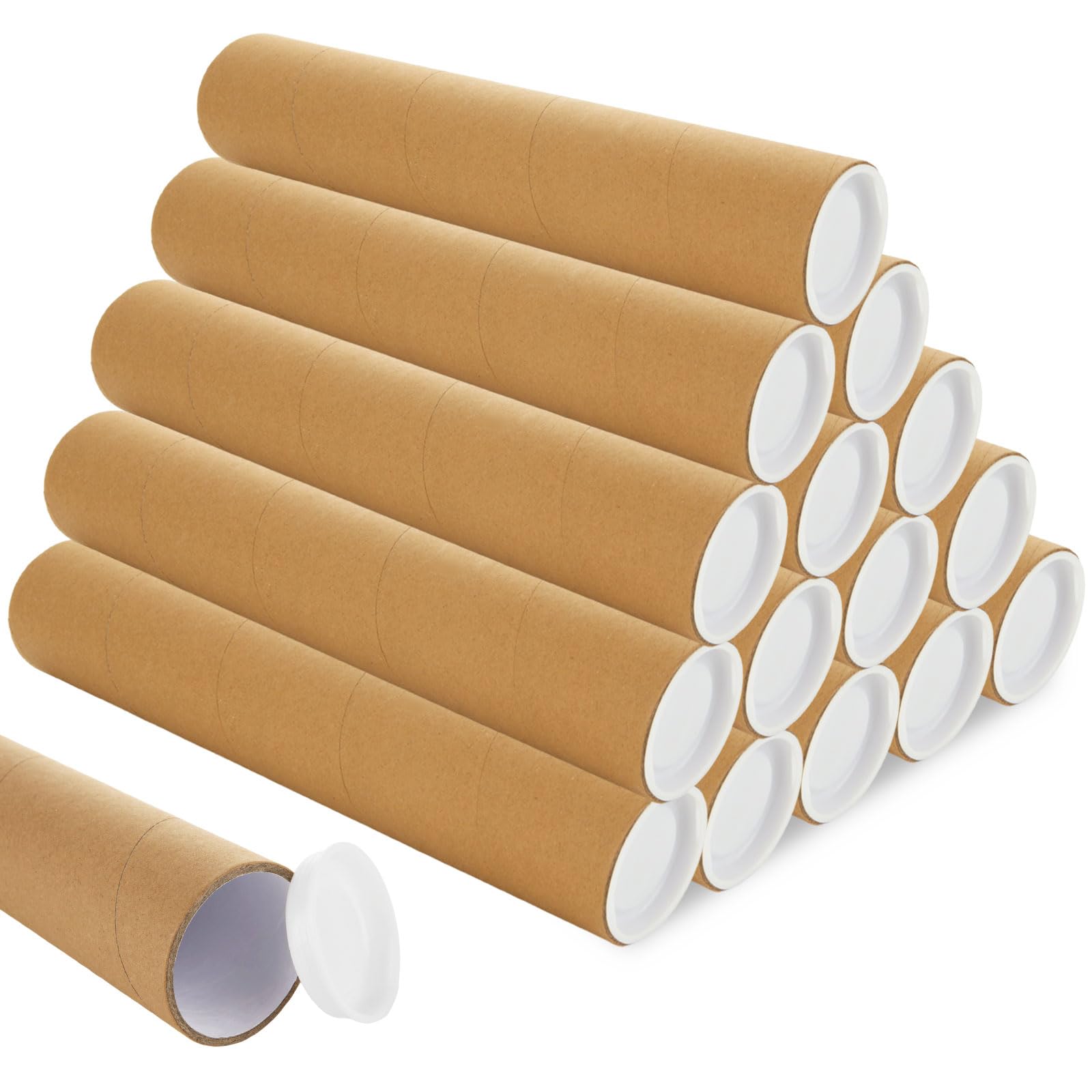 15 tubos de póster de 2 x 15 pulgadas, tubos de correo con tapas, tubos de envío de cartón, sobres de tubo de papel kraft para envío, embalaje, impresiones artísticas, mapas, planos