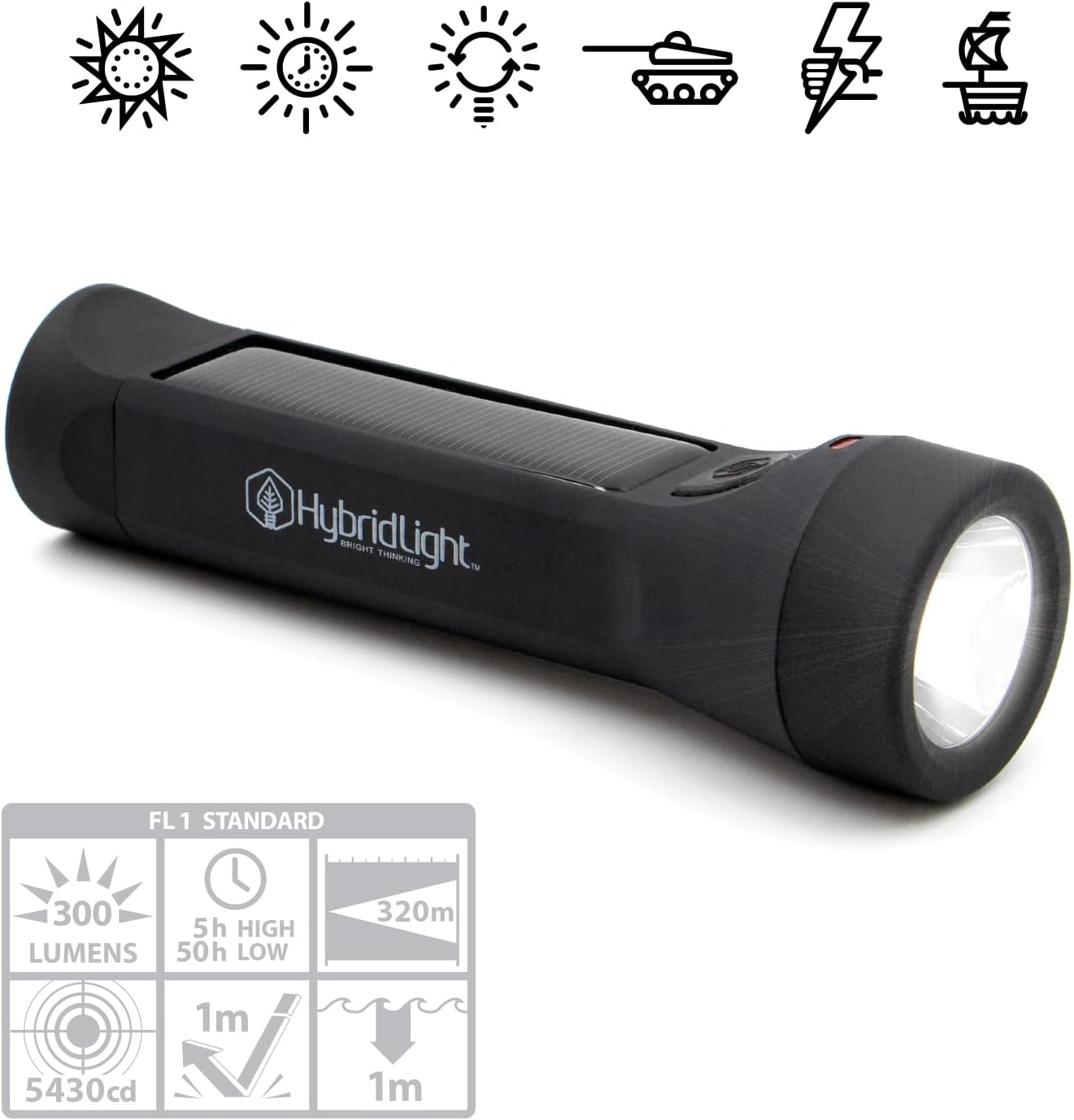 HYBRIDLIGHT Journey 300 Solar LED Waterproof Flashlight with USB Phone Charger, Black