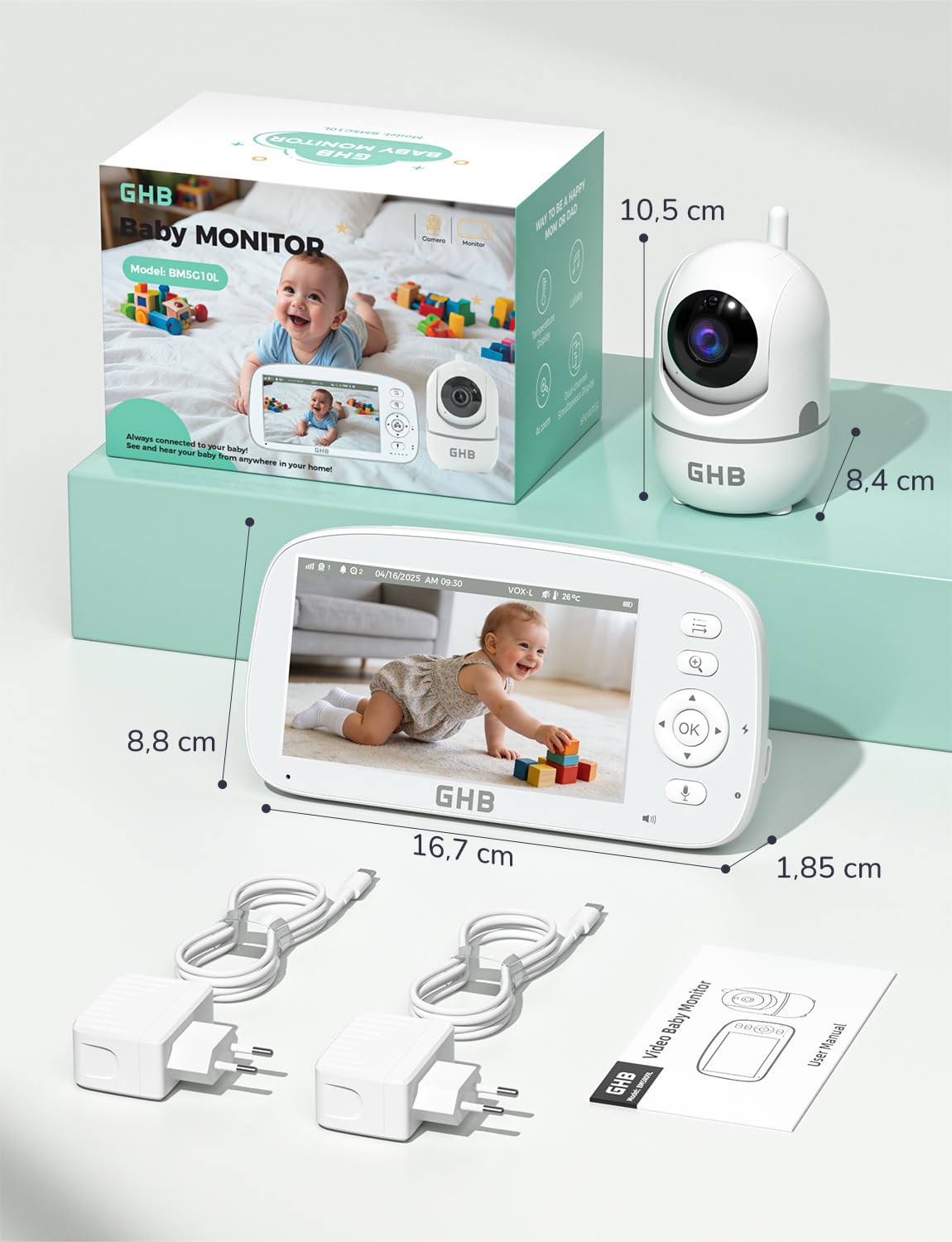 GHB Camara Vigilacia Bebe 5 Pulgadas 720P Pantalla IPS de Batería de 5000mAh Vigilabebes PTZ 350°/110° Pantalla Dividida, 4XZoom, Visión Nocturna, Comunicación Bidirecciona Escucha Bebe