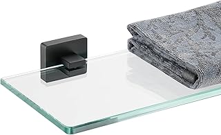JQK Bathroom Glass Shelf Black, Tempered Glass Shower Storage 20 by 5 inches, 304 Stainless Steel Matte Black Wall Mount, TGS201L20-PB