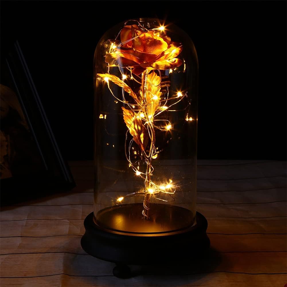 Forart 24k Gold Rose Galaxy Flower, Romantic Rose in a Glass Dome with LED Light Gift Box for Wedding, Valentine's Day, Mothers Day, Christmas