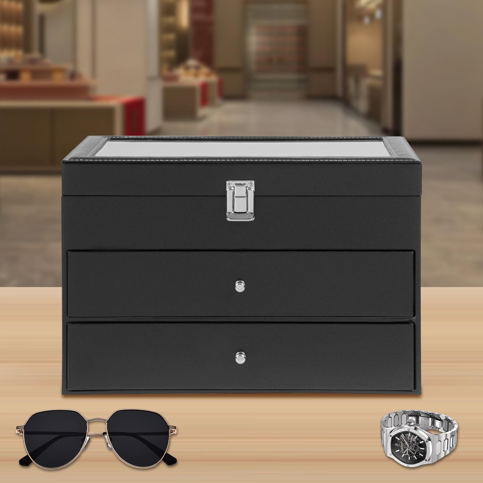 Caja para relojes de 3 niveles con 24 ranuras – Joyero, estuche para gafas y estuche de almacenamiento para relojes, gafas, joyas, anillos y más