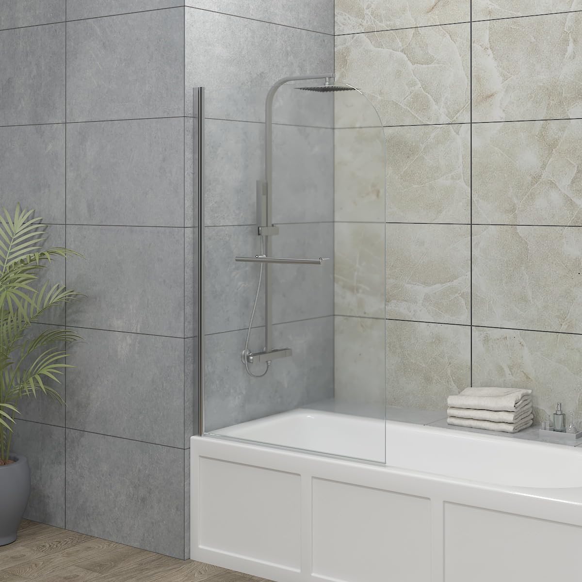 Blümme 800mm Bathroom Round Bath Screen with Towel Rail Reversible Over Bath Shower Screen Door Chrome Framed
