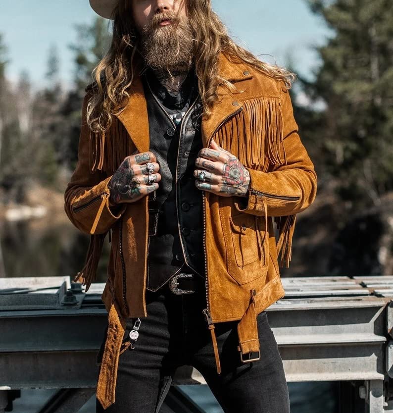 Genuine Suede Leather Biker Jacket, Western Fringe Cowboy Style HANDMADE Jacket Gift For Mens4