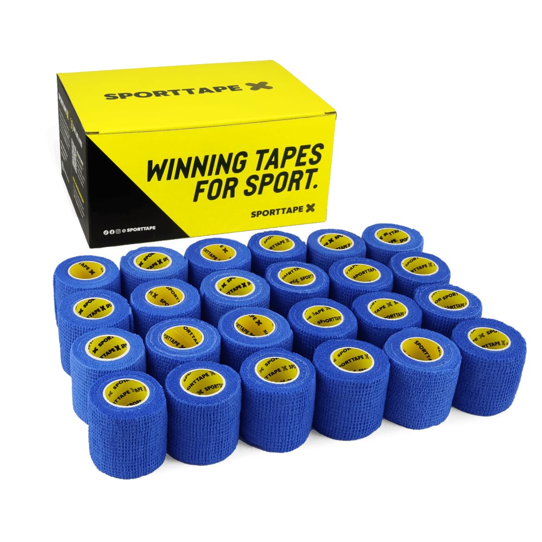 SPORTTAPE 24 Rolls Football Sock Tape, 5cm x 4.5m, Blue - Self-Adhesive Cohesive Bandage, Compression Wrap & Sports Stretch Tape for Ankles, Joints, Socks, Vet and Pet Wrap for Dogs and Horses