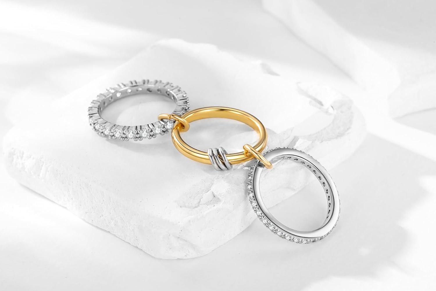 Gold Stackable Rings for Women, Non-Tarnish 18k Gold Plated Cubic Zirconia Rings, Dainty Silver and Gold Mixed Metal Multi-Link Connected Ring Set - Image 4