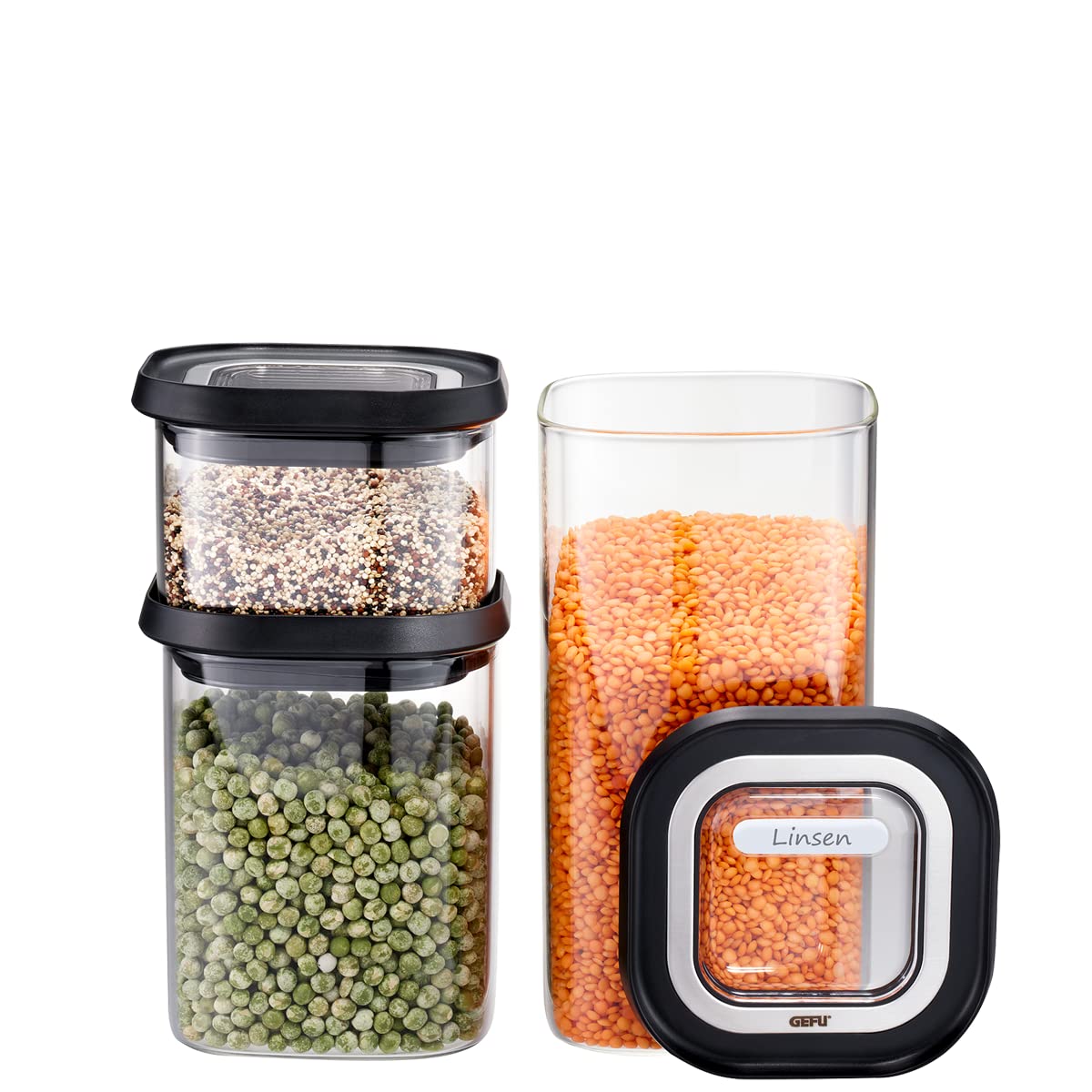 Gefu Black/Silver Pantry Storage Jars Set Of 3 (400 Ml, 900 Ml, 1400 Ml), Storage Jar With Airtight Lid, Food Storage Containers, Versatile Use