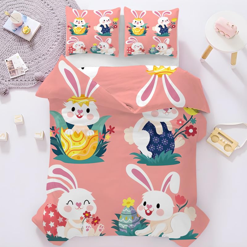 Housse de Couette 160x200 Lapin de Pâques avec 2 Taies d'Oreiller en Microfibre