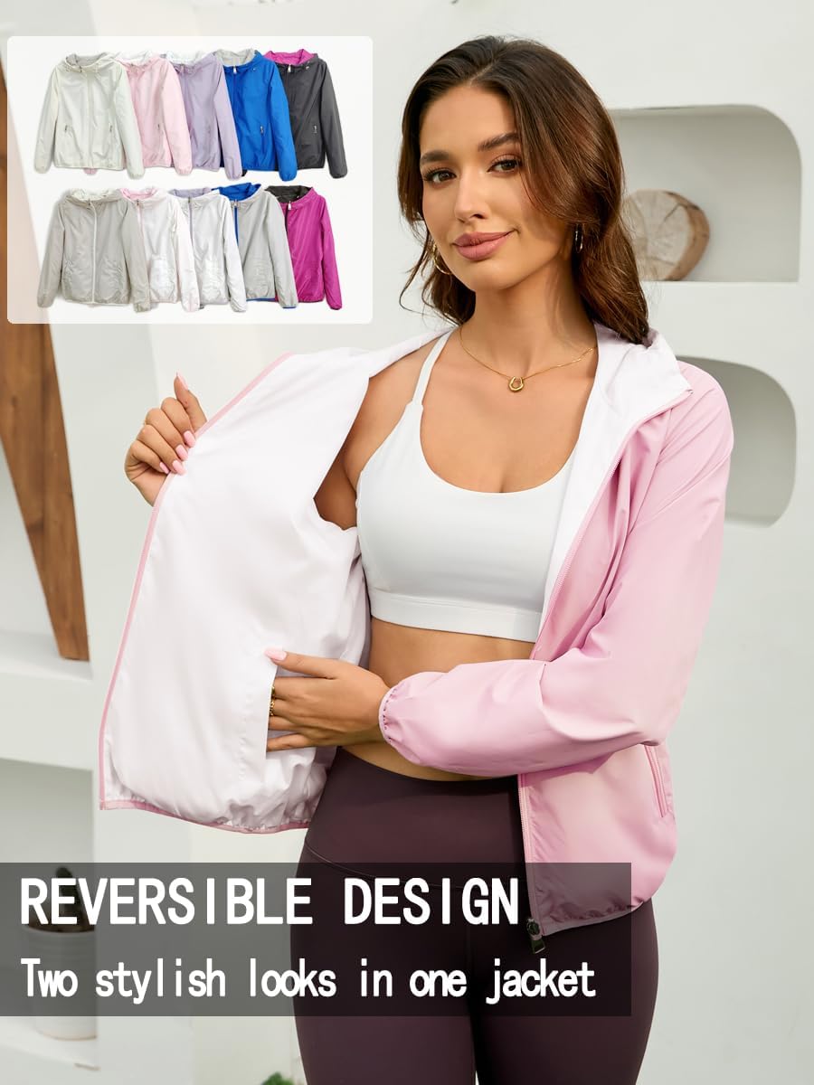 Womens Reversible Rain Jacket Lightweight Waterproof Windbreaker Jacket Outdoor Active Portable Raincoat - Image 5