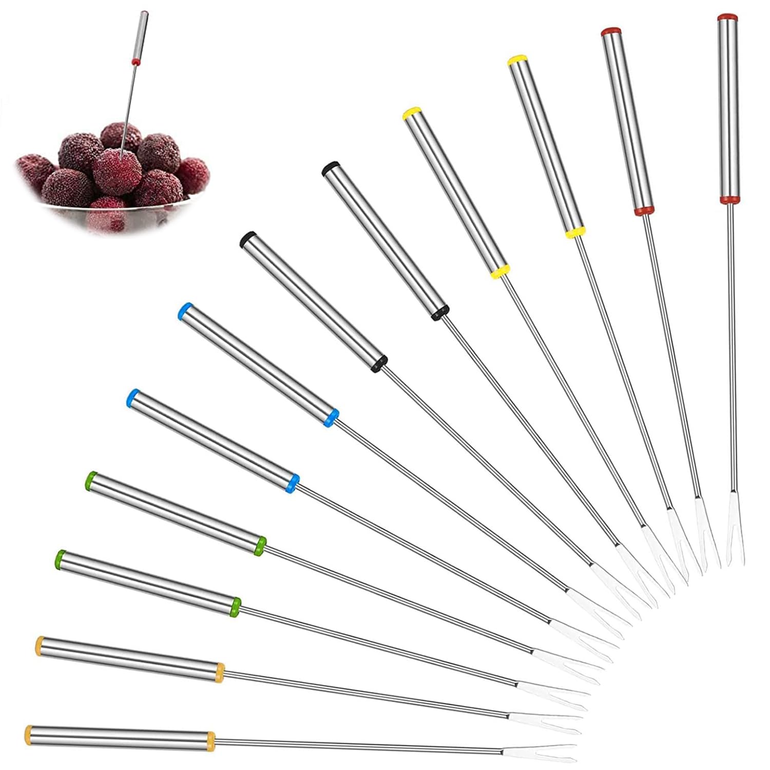 Lot De 12 Fourchettes à Fondue En Acier Inoxydable - 24 Cm - Poignées Colorées Résistantes à La Chaleur | Pour Fromage, Chocolat, Fruits Et Viande