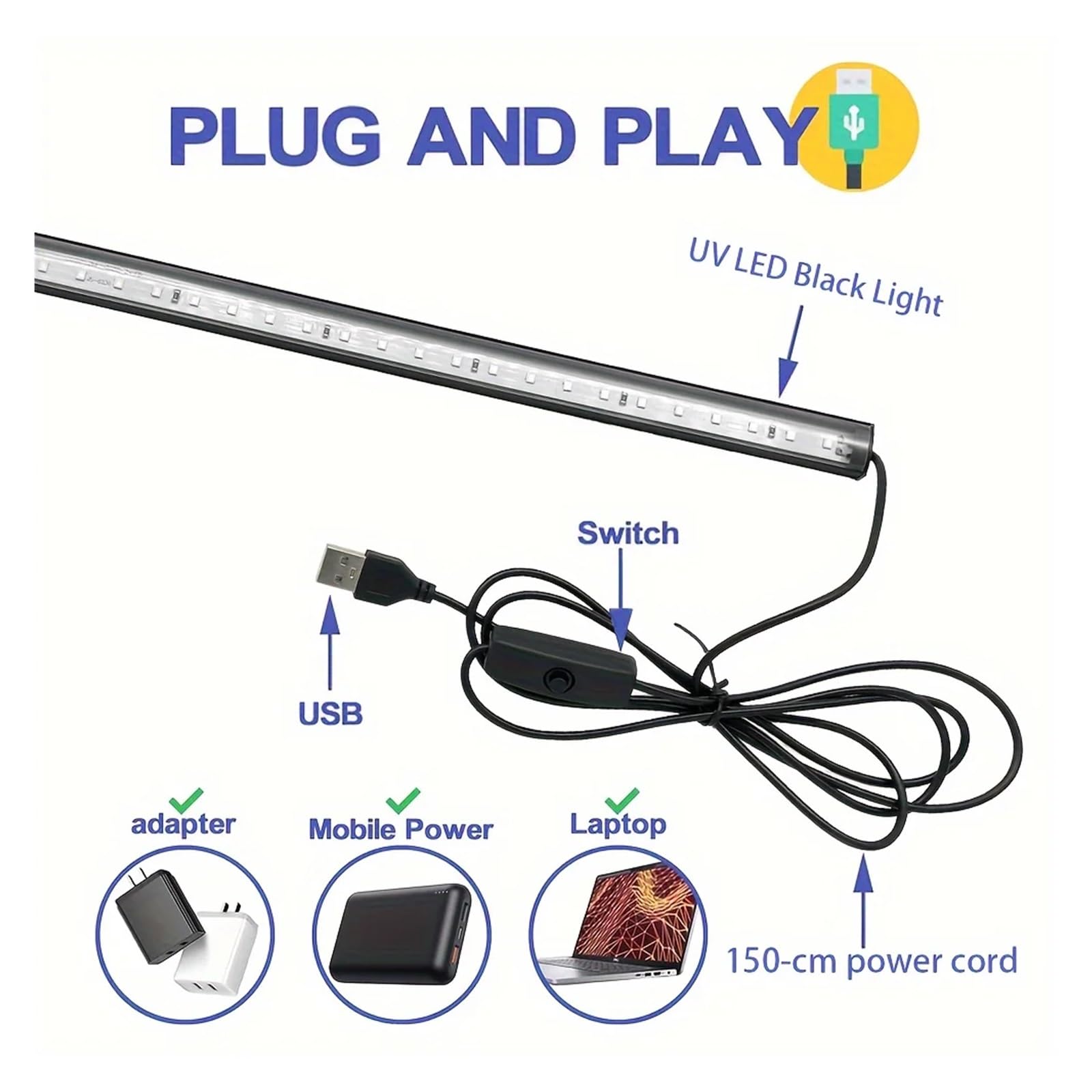 Lampada UV T5 con Interruttore USB da 5 V, Lampadina Ultravioletta, Lampada UVA da 395 NM for Unghie, Lampada Decorativa for Asciugatura, Luce Nera(2 PCS)