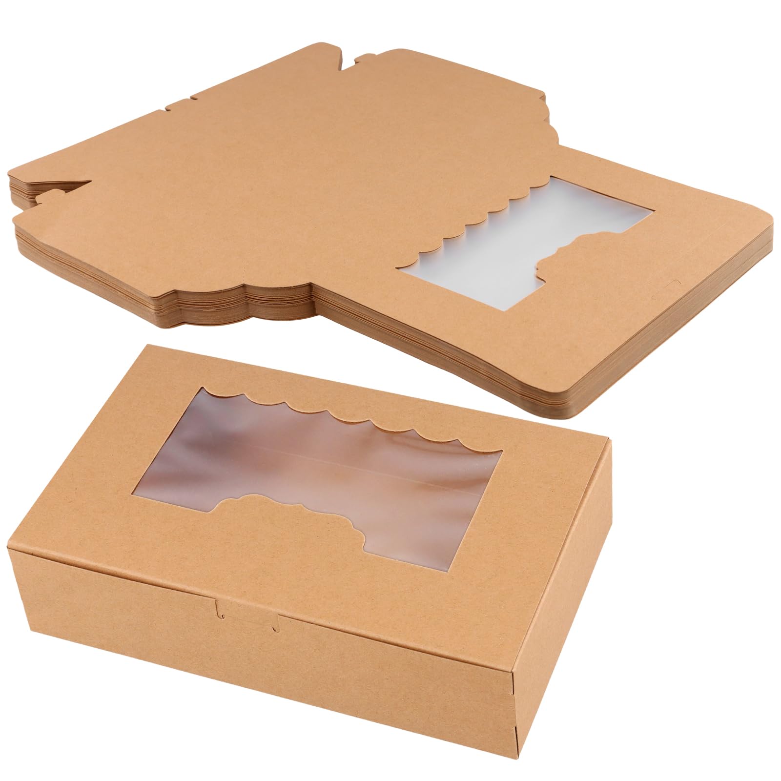 HEIHAK 50 PCS Kraft Cookie Boxes with Window, 21.5x13.5x5cm Dessert Boxes, Brown Cake Boxes for Storing Candies, Biscuits, Muffins, Cupcakes, Cookies, Donuts