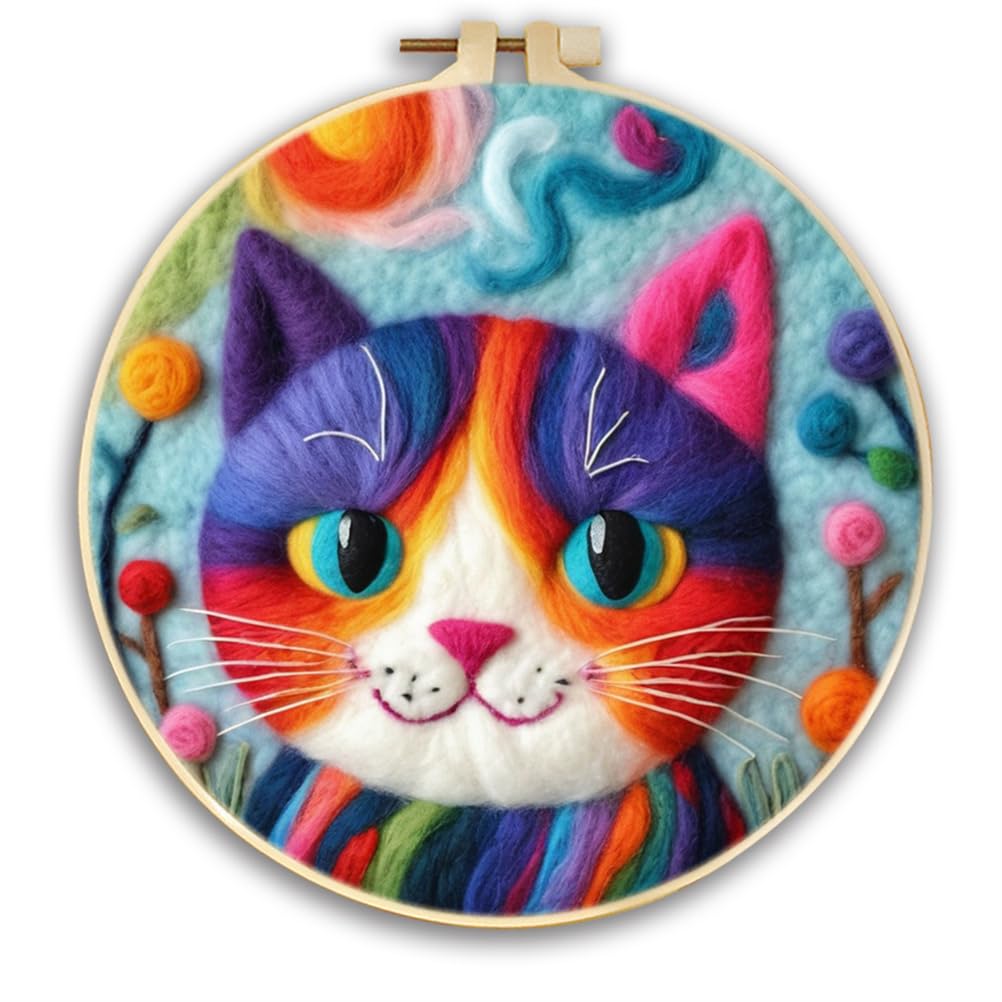Meecaa Color Cat DIY Needle Felting Kit for Beginners, Including Wool Felt Supplies, Embroidery Hoops,Beautiful Wool Painting and Needle Felting Tools (Color Cat)