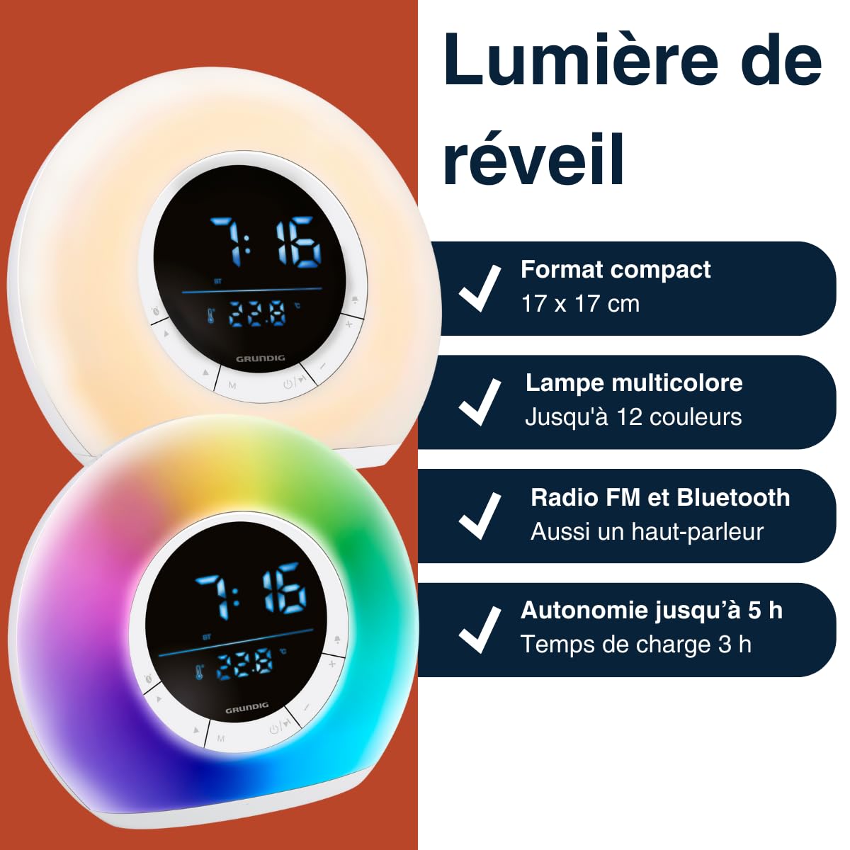 Grundig Réveil Lumineux – Réveil Connecté avec Radio et Bluetooth – Lampe avec Écran LED – Lampe de Chevet – Blanc