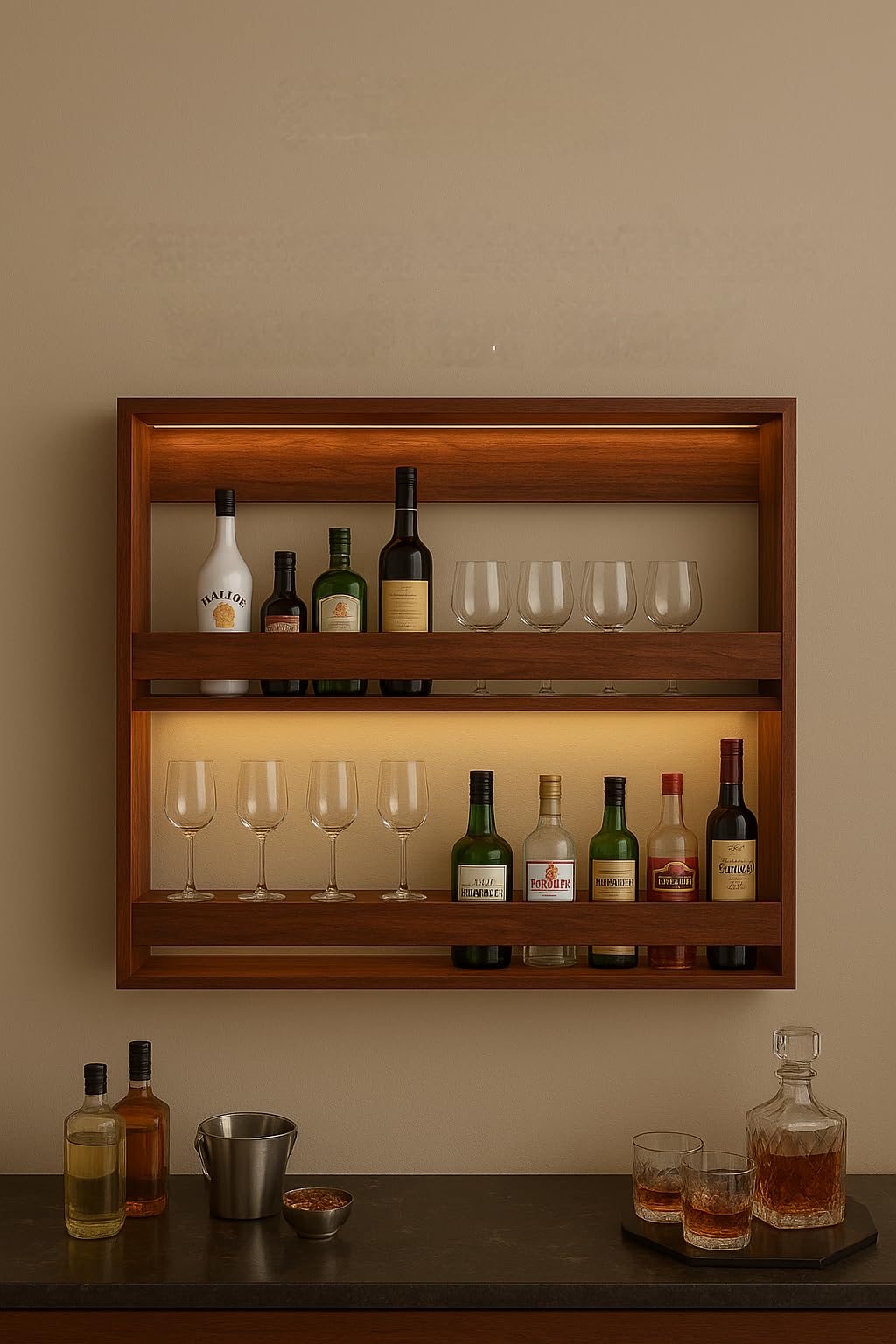 ODEJIA Furniture Sheesham Wood Wall Mounted Bar Cabinet with Glass Holder | Wooden Bar Shelf for Home & Kitchen | Solid Wood Wine Rack & Liquor Storage with Modern Design Size 30 x 24 Inch-image-33