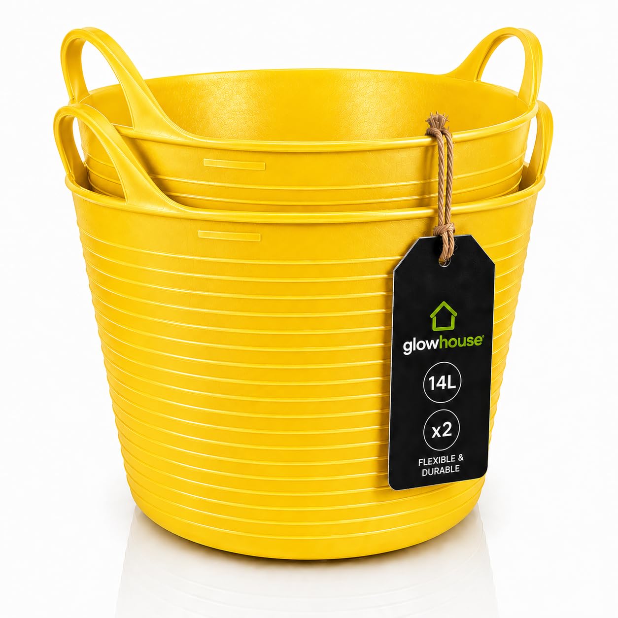 Flexi Buckets Heavy Duty Flexible Tub Trug Strong Multi-Purpose Garden, Stable, Feed, Cleaning & Storage Bucket Durable Carry Handles for Home, Garden, DIY & Outdoor Use (Yellow, 14 Litres Pack of 2)