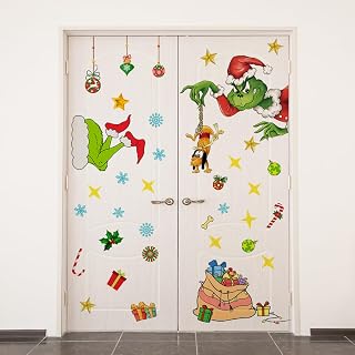 43.7 x 36.22 Inch Christmas Door Sticker Decorations Funny Xmas Cartoon Character Snowflake Dog Door Decal Large Mural Decals for Winter Home Kitchen Garage Window Decor