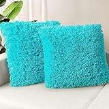 TOONOW Set of 2 Decorative Throw Pillow Covers 20' x 20', Aqua Teal Fluffy Pillow Covers New Luxury Faux Fur Square Pillow Covers for Sofa Couch Living Room Bedroom, No Pillow Insert