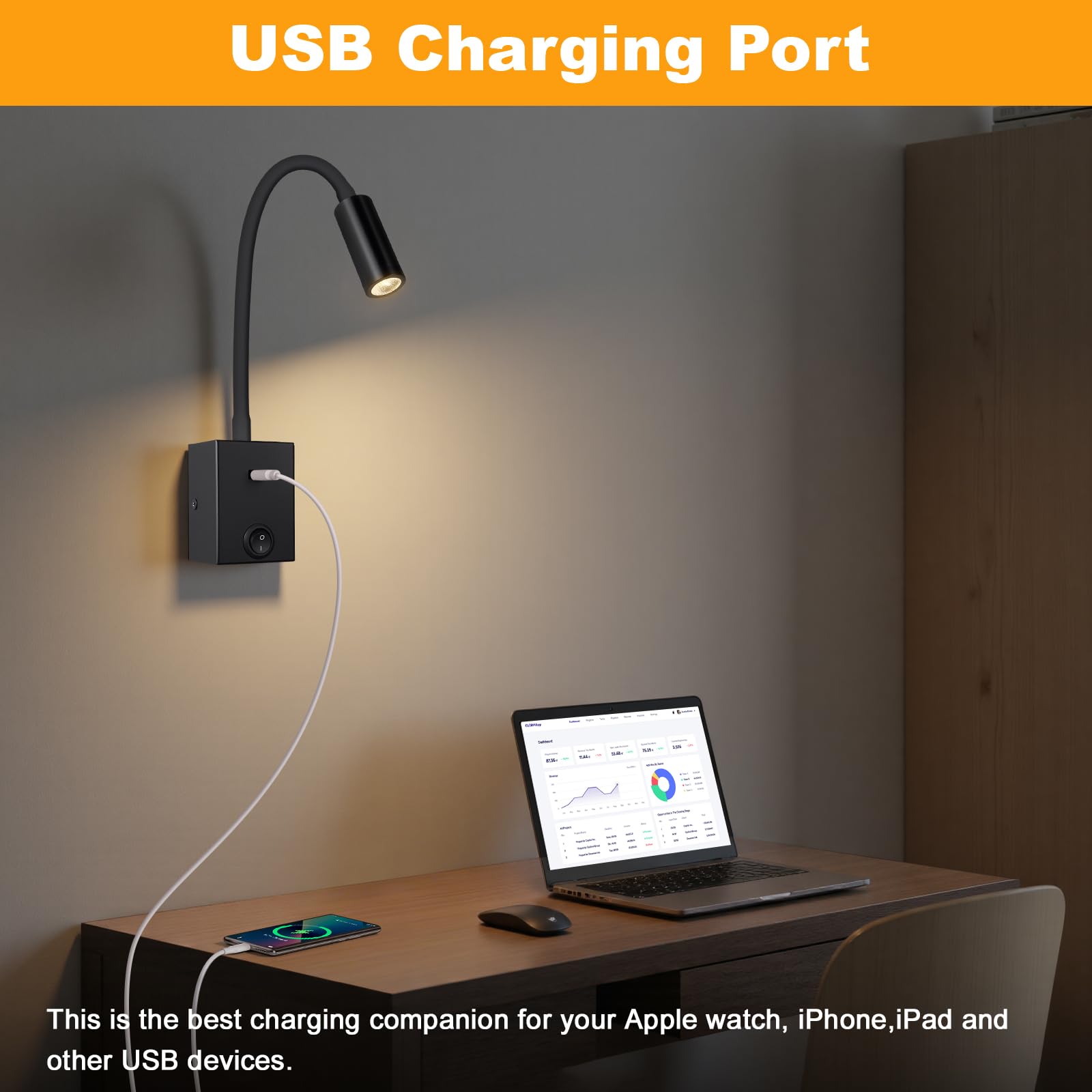 Lampada da Lettura a LED da Parete 3W con Collo d'oca Flessibile 360° USB 3000K Nero