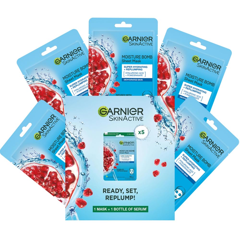 GarnierSkinActive Moisturising Tissue Mask, Moisturising and Firming Pomegranate + Hyaluronic Acid For Dehydrated Skin, 160 Gram (Pack of 5)