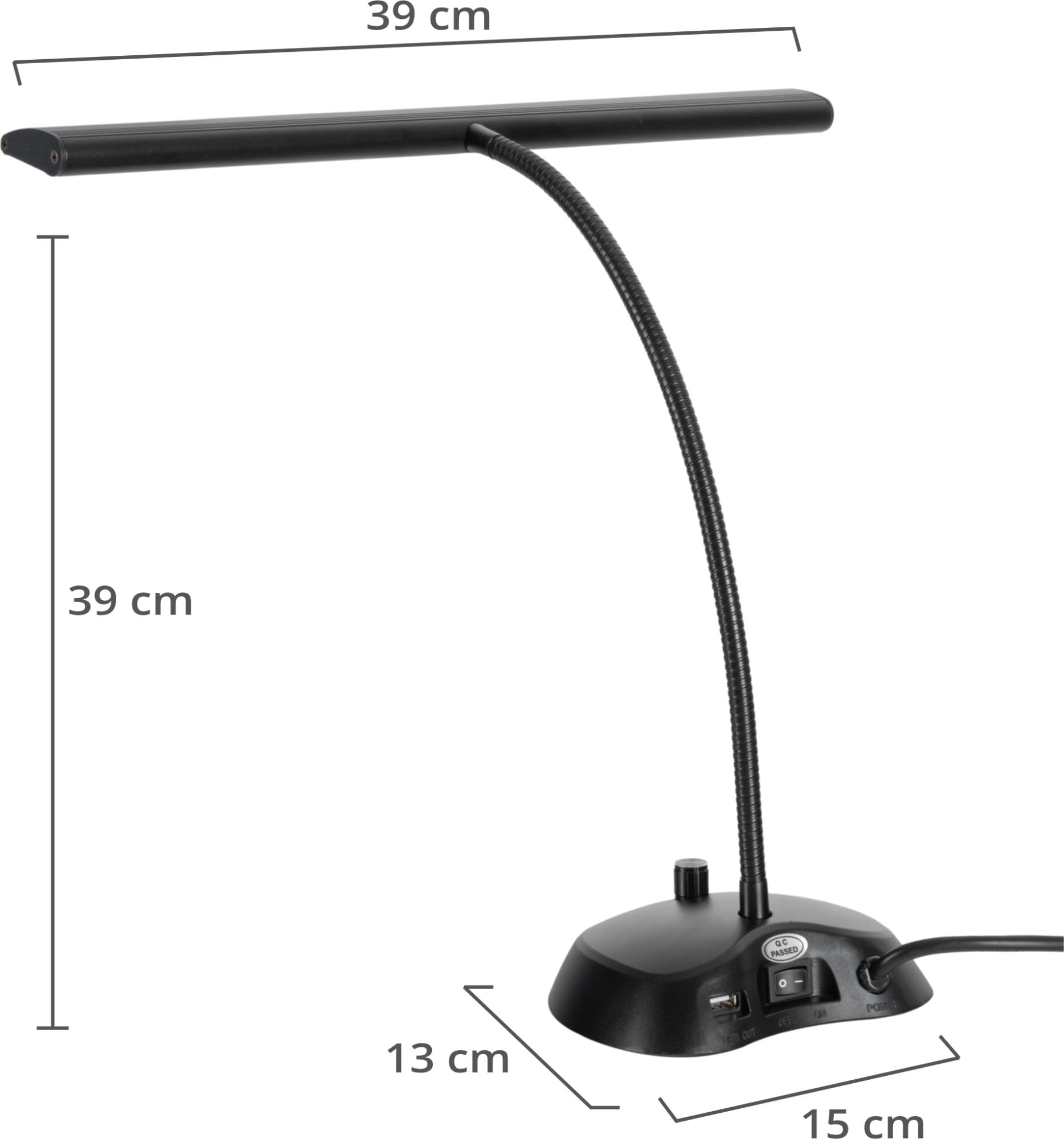 Classic Cantabile 12220 Lampada da Pianoforte Dimmerabile Bianca - 36 LED luminose - Collo d'oca lungo 38 cm - Porta di ricarica USB integrato per smartphone o tablet - Nero