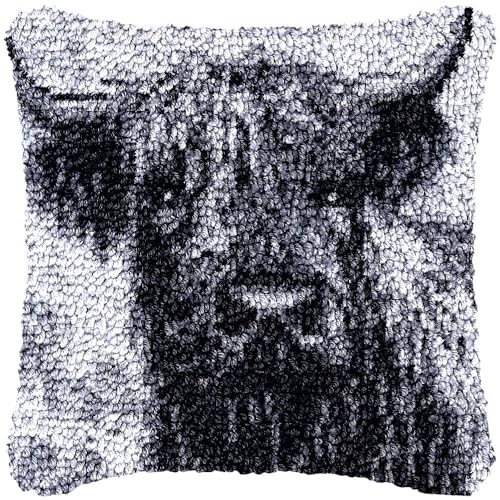 Grey Highland Cow Latch Hook Pillow Cover Kits for DIY Handmade Throw Pillow Cross Stitch Latch Hook Pillowcase Rug Kits with Preprinted Canvas Crochet Yarn Kits Needlework Crafts 17'' X 17''(a6)