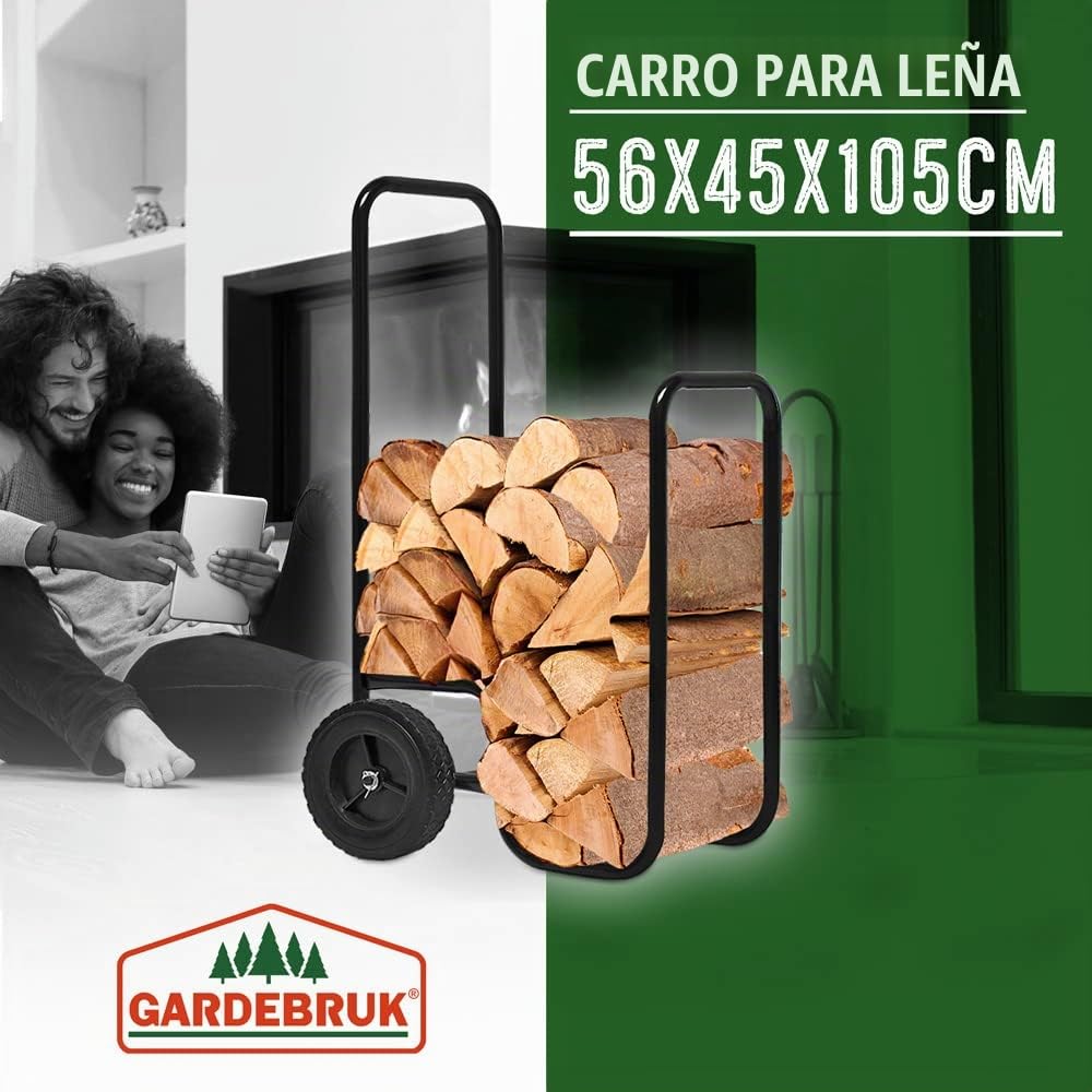 GARDEBRUK® Carro para Leña Carretilla Transporte Almacenaje Leños Troncos Madera Leñero hasta 80Kg Portaleños