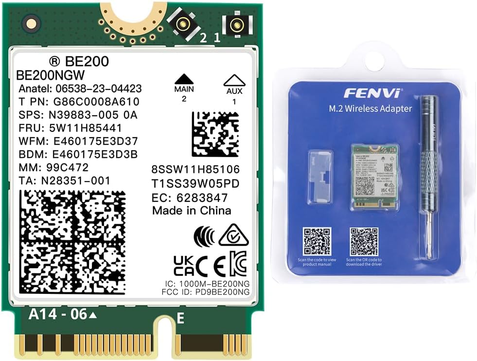 FENVI BE200NGW WiFi 7 Wireless Card,5800Mbps Tri-Band 6GHz/5GHz/2.4GHz with Intel BE200, Bluetooth 5.4,M.2 2230 E-Key for Intel 12th Gen+ Gaming Laptop PC, 8K Streaming Network Adapter