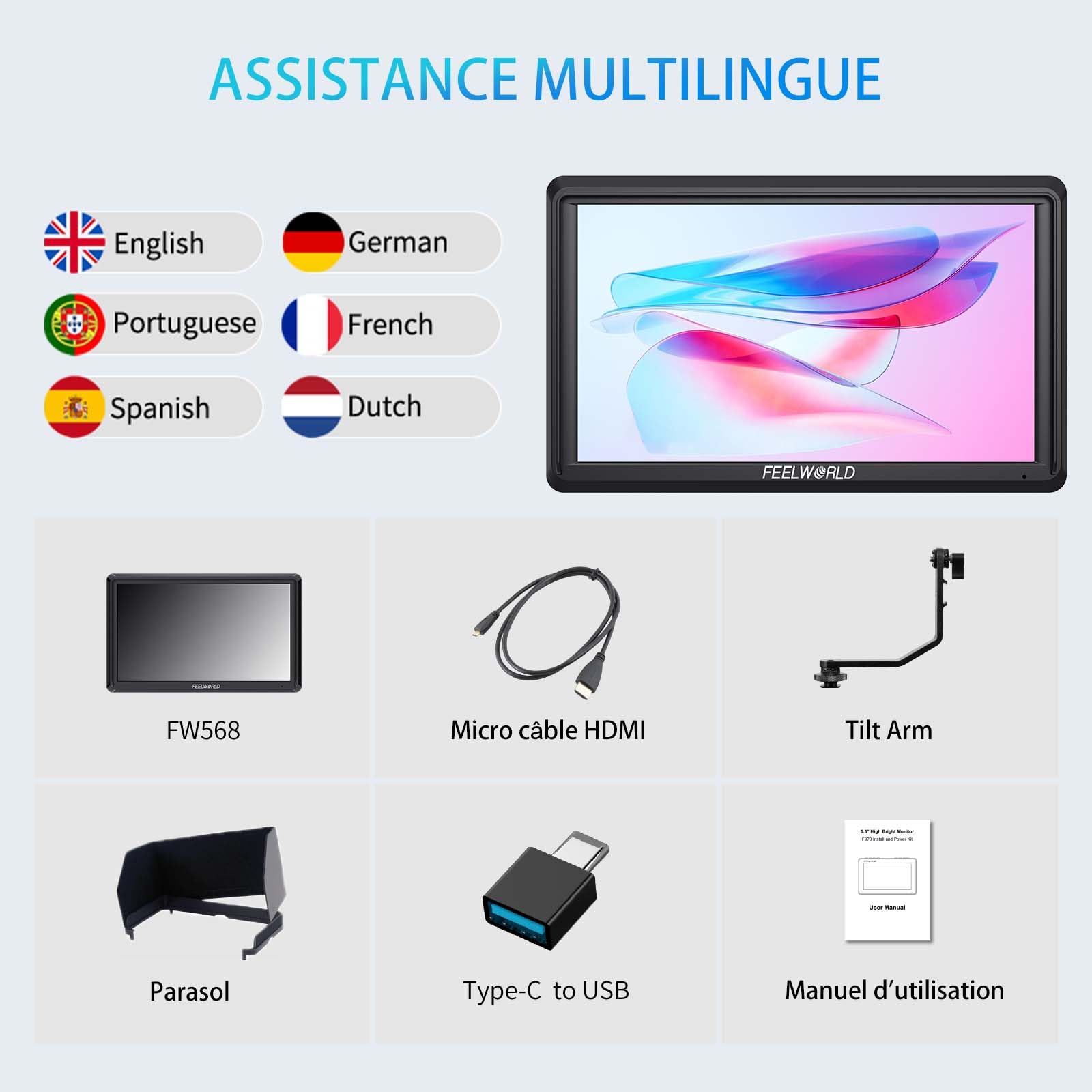 FEELWORLD FW568PRO Moniteur de Caméra 6 Pouces Écran IPS 1200Nits 1920x1080 Full HD Entrée/Sortie 4K HDMI avec 3D LUTs Vecteurscope Focus Peaking avec Pare-Soleil pour Appareil Photo DSLR et Gimbal