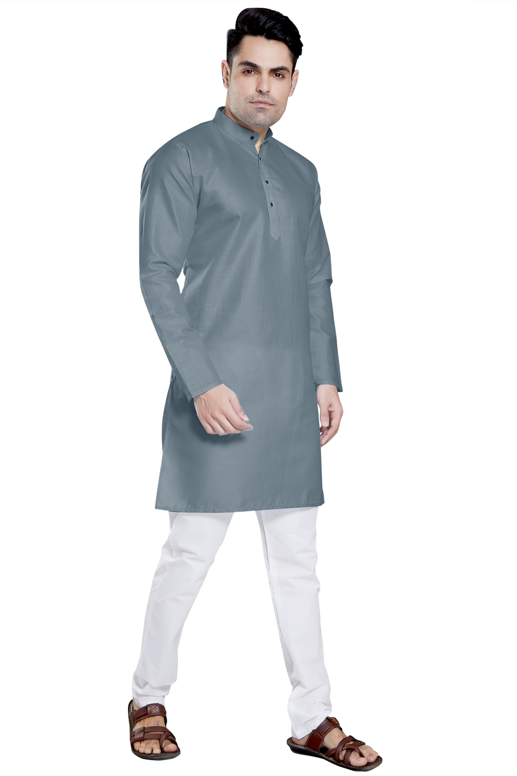 Divisive Men's Plain Cotton Blend Linen Slim Fit Kurta Pyjama Set (Dkrt55_Xl_Grey)
