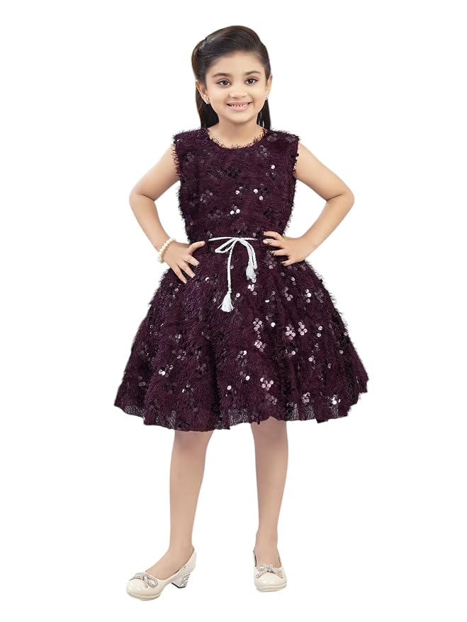Aarika Girls Gajri Colour Sequin Embellished Winter Fur Frock