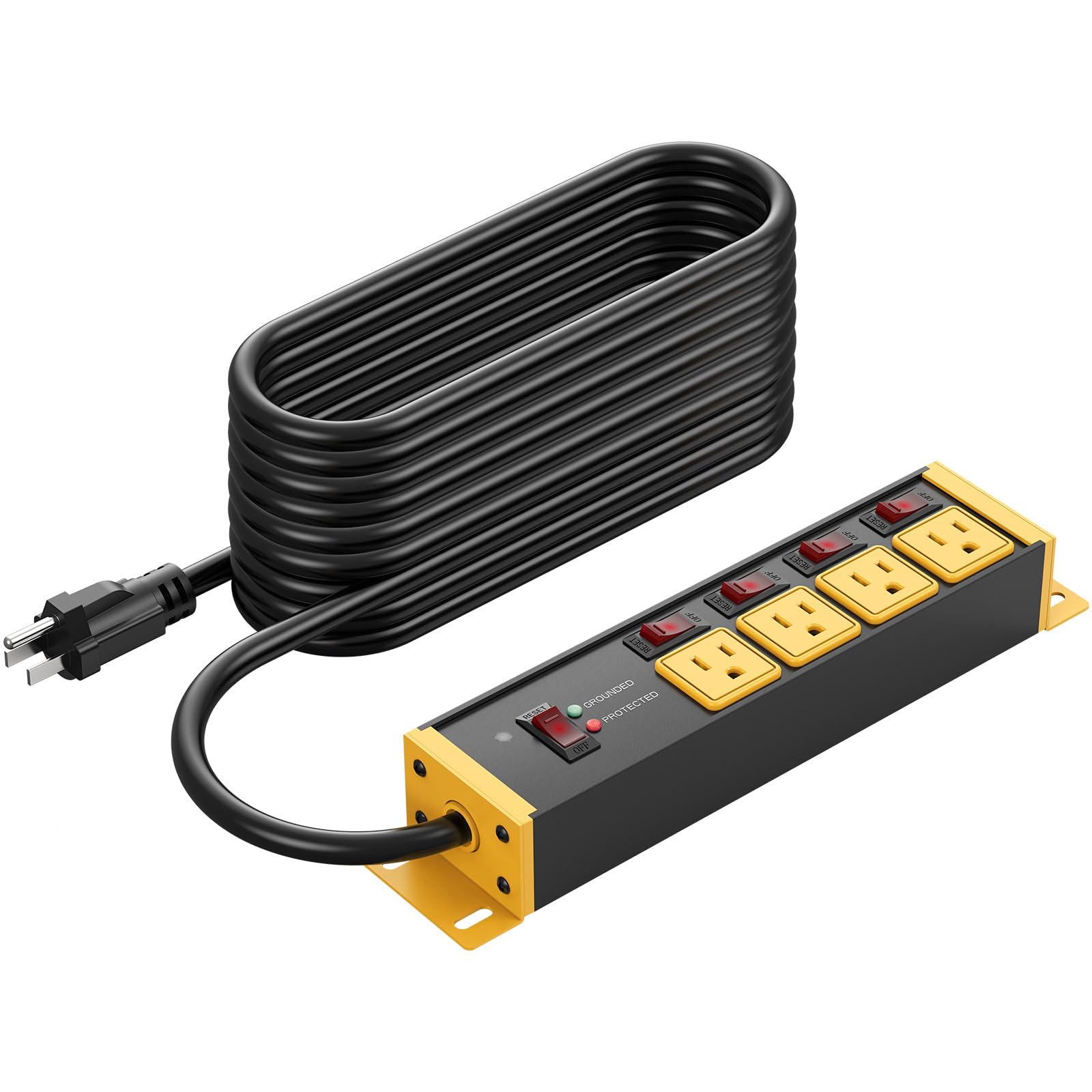 CCCEI Cable de extensión largo para exteriores de calibre 12 con múltiples tomas, interruptores individuales de 20 amperios, regleta protectora de sobretensiones resistente, extensor de salida de