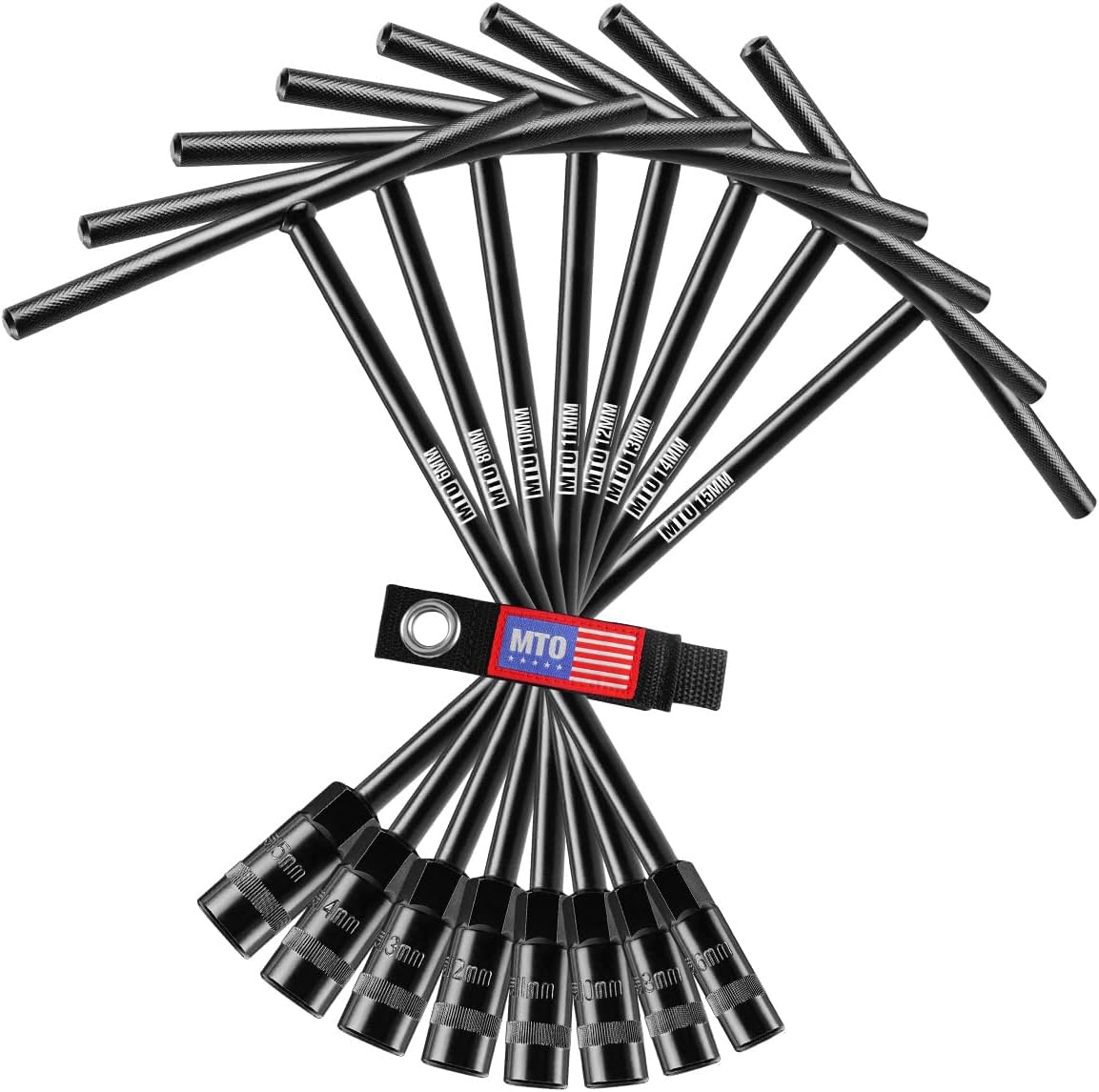 MTO T-Handle Metric Socket Wrench Set, 6-Point (6, 8, 10, 11, 12, 13, 14, 15mm) with Hanging Organizer Strap, Cr-V Steel Lug Wrench Hex Socket for Motorcycle Car Bicycle Repair (8 Pack)
