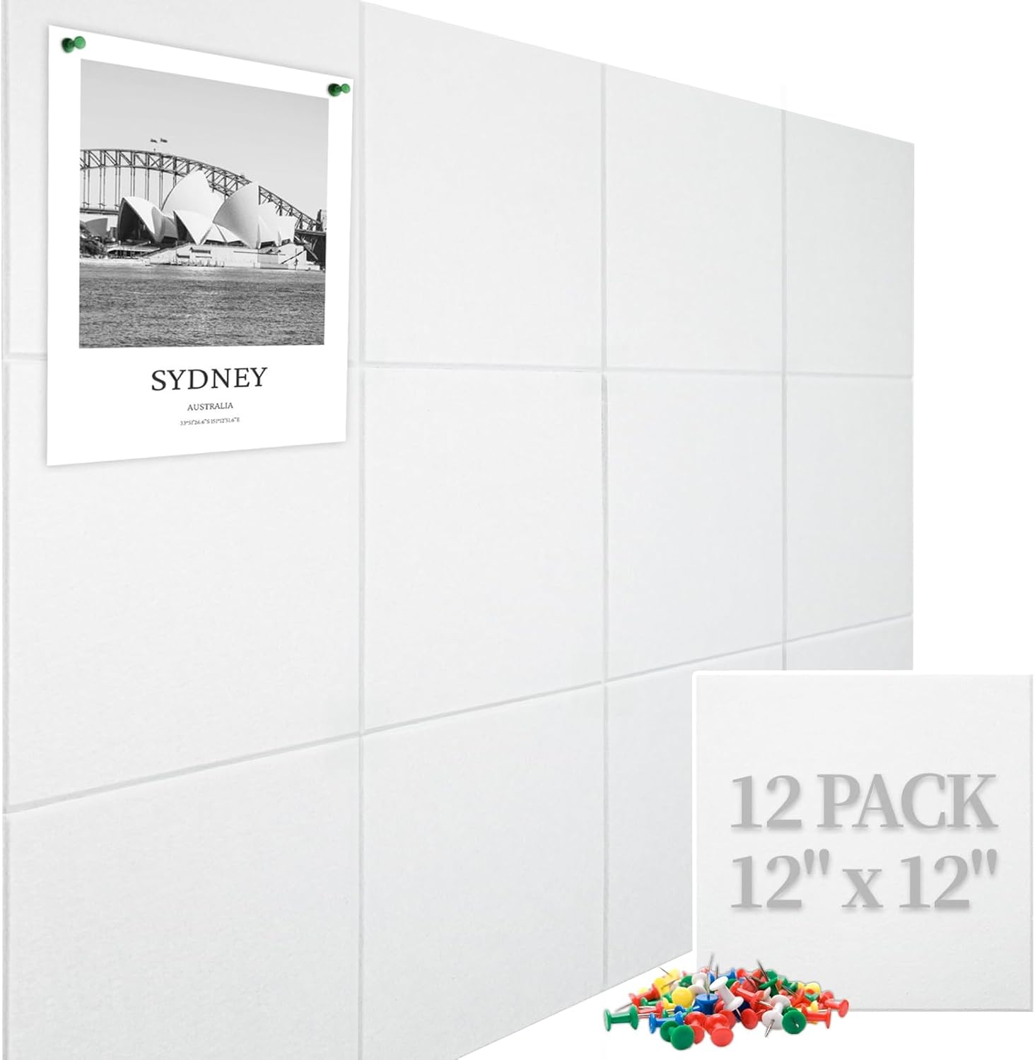 Large Cork Board Felt Wall Tiles, 47"x35" 12 Pack Felt Bulletin Board Pin Board with 48 Safe Removable Adhesive Tabs, 60 Push Pins, Alternative Cork Board for Walls Home Office, White White 12 PACK
