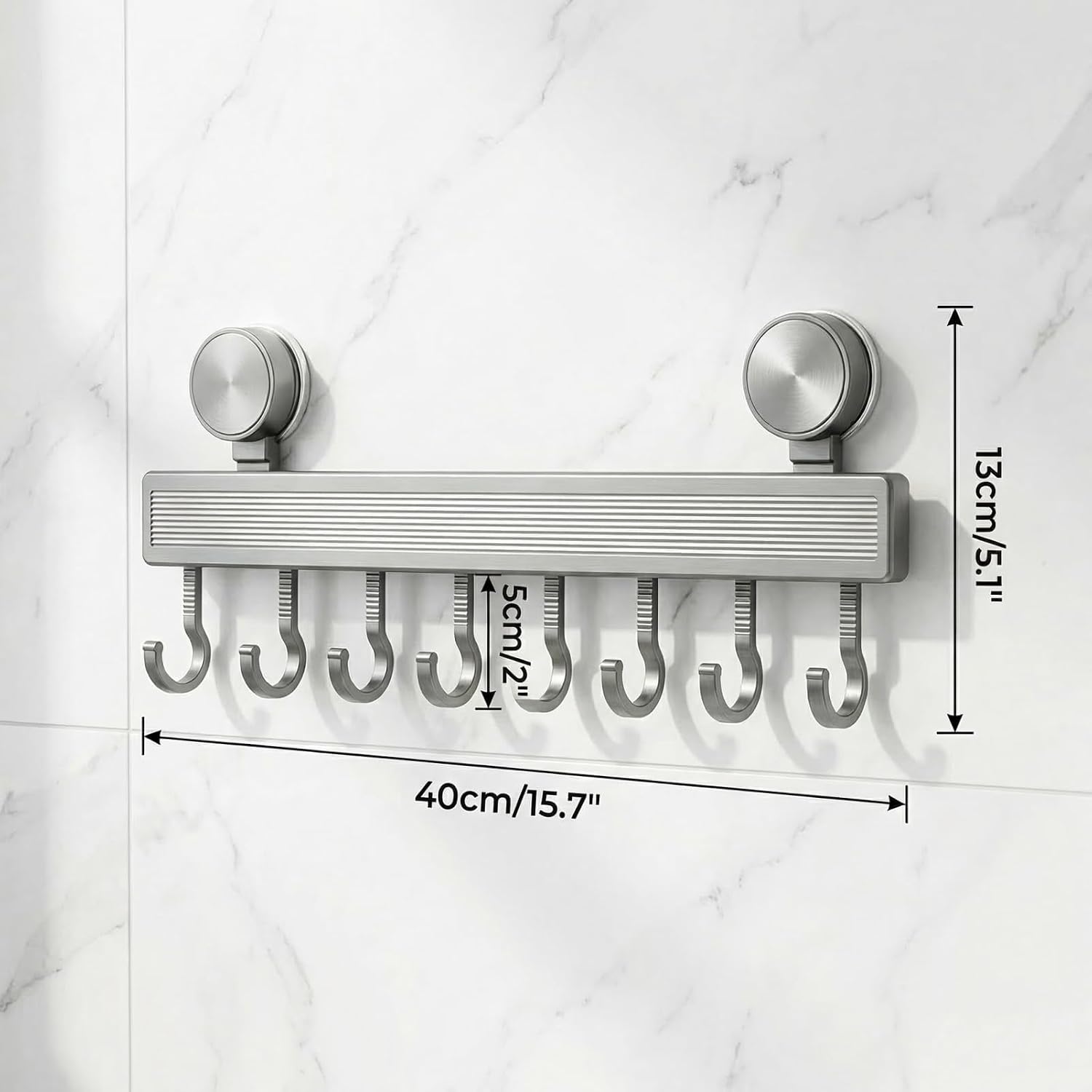 8-Hook Hanging Pot Rack, Wall Mounted Pan Hanger with Suction Cups, Space-Saving Aluminum Pot and Pan Holder for Tile Walls (40cm/15.75 Inch, Grey)