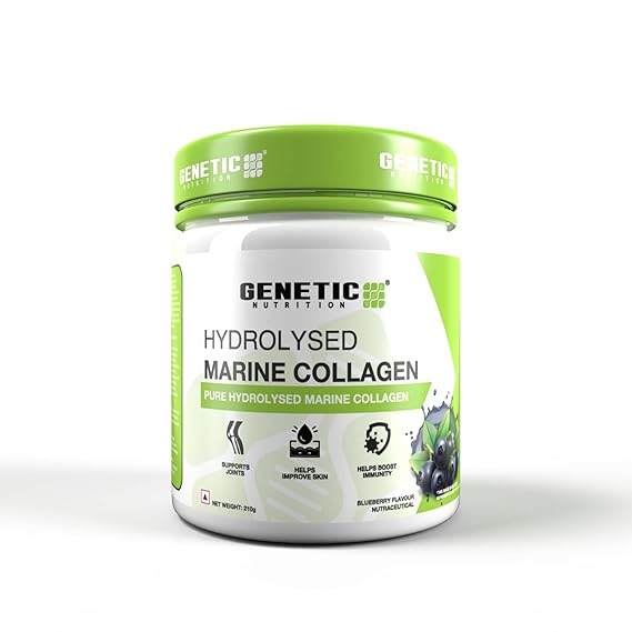 Genetic Nutrition Collagen Powder | Pure Hydrolysed Marine Collagen Nutraceutical Supplement | Supports Joints, Helps Improve Skin and Boost Immunity | 210 GM, Powder, Blueberry Flavour