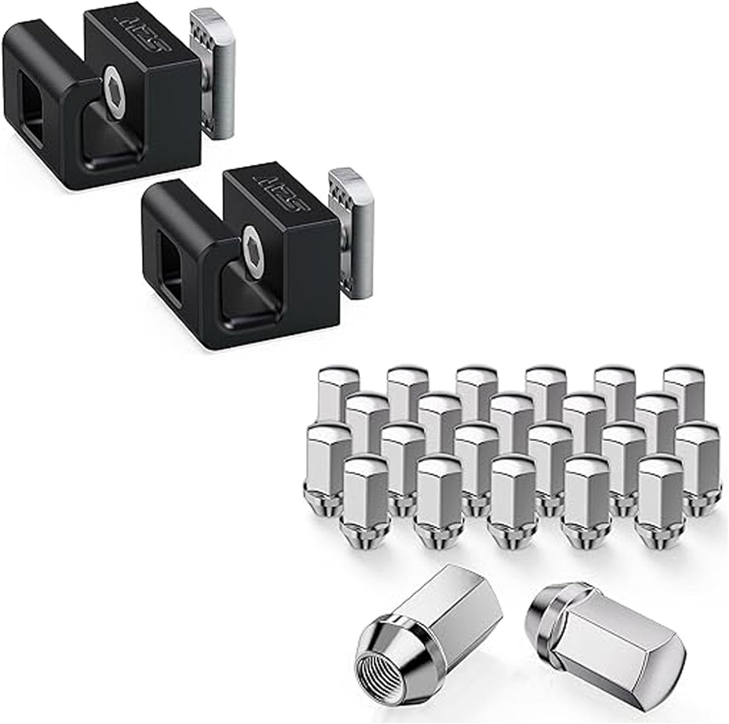 MZS Tie Down Hooks Black 2PCS + Lug Nuts Compatible with Silverado Sierra Ram 1500 2500 3500