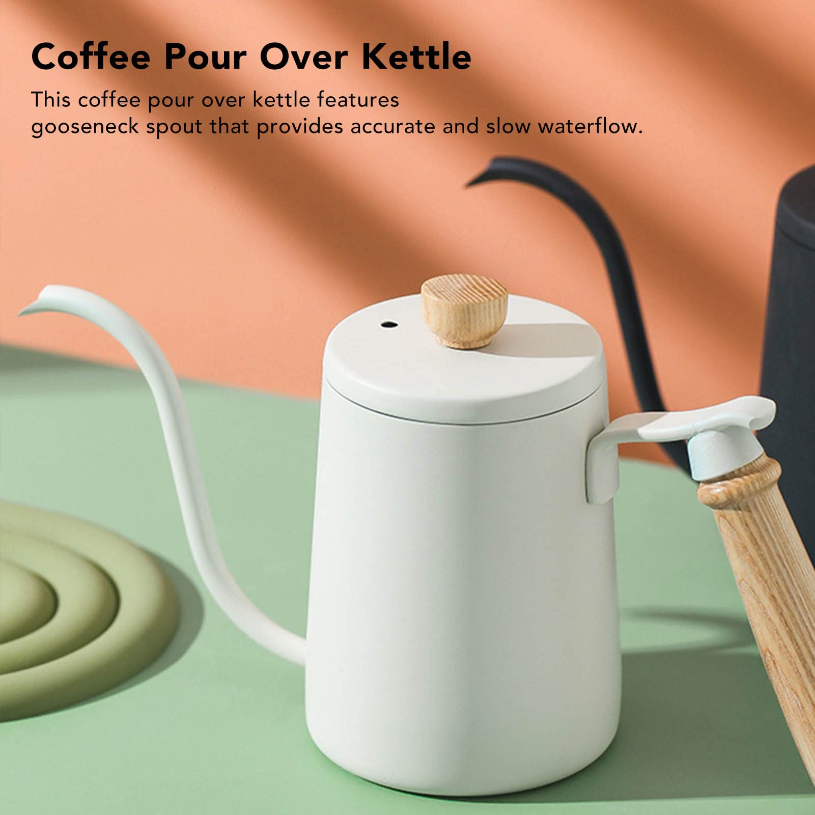 Hervidor de agua de 600 ml para café de filtro, de acero inoxidable 304, con boquilla de cuello de cisne y mango de madera. Hervidor de agua de cuello de cisne para café y otras (Blanca)